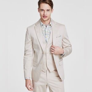 Bar III Mens Slim Fit Cotton Suit Jacket Blazer in Tan Solid Stretch - NWT